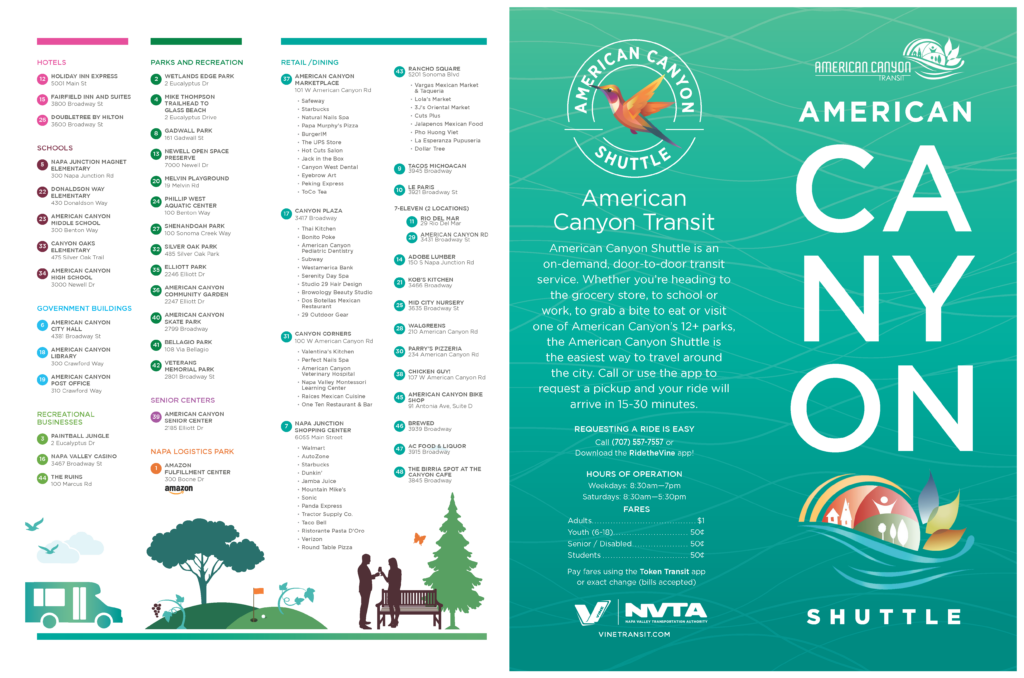 American Canyon Transit schedule front and back cover. The front includes text about shuttle contact and hours. The back includes businesses you can visit by transit. Part 1 of 2. 