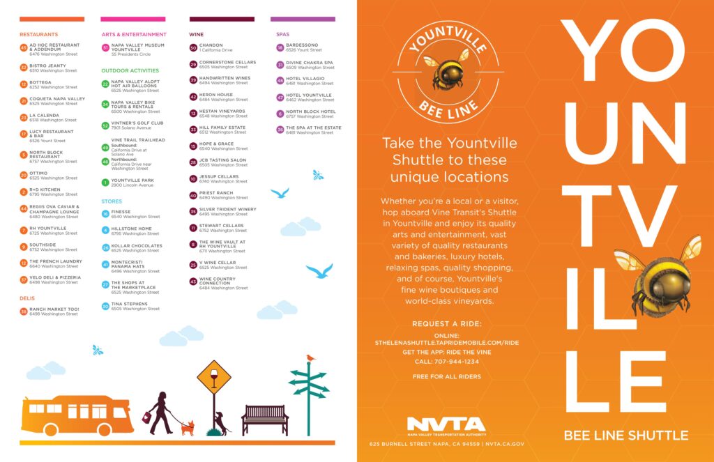 A list of Yountville Shuttle stops