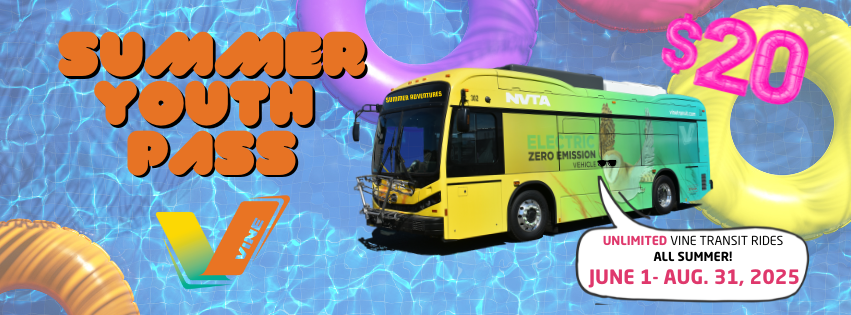 Vine Transit Summer Youth Pass 2025. $20. Image is a bus floating in a pool with pool floaties.