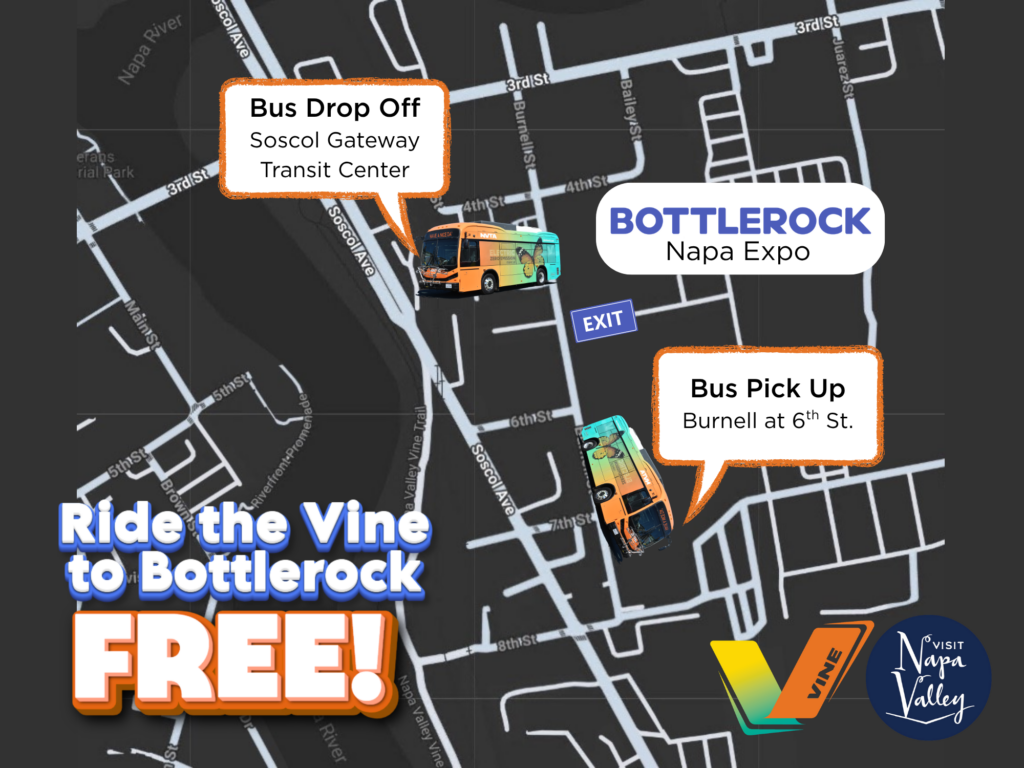 A map of where riders are dropped off and picked up during the BottleRock Napa Valley music festival. Riders should take the bus to the Soscol Gateway Transit Center, 625 Burnell St. After the festival, buses will pick up at Burnell Street at 6th Street. 