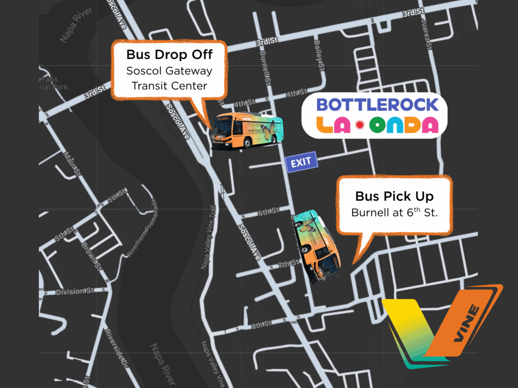 This map shows where festival-goers will be dropped off, at the Soscol Gateway Transit Center; where the festivals take place (Napa Expo) and where attendees can get on the free buses (on Burnell Street at Sixth Street, Napa)